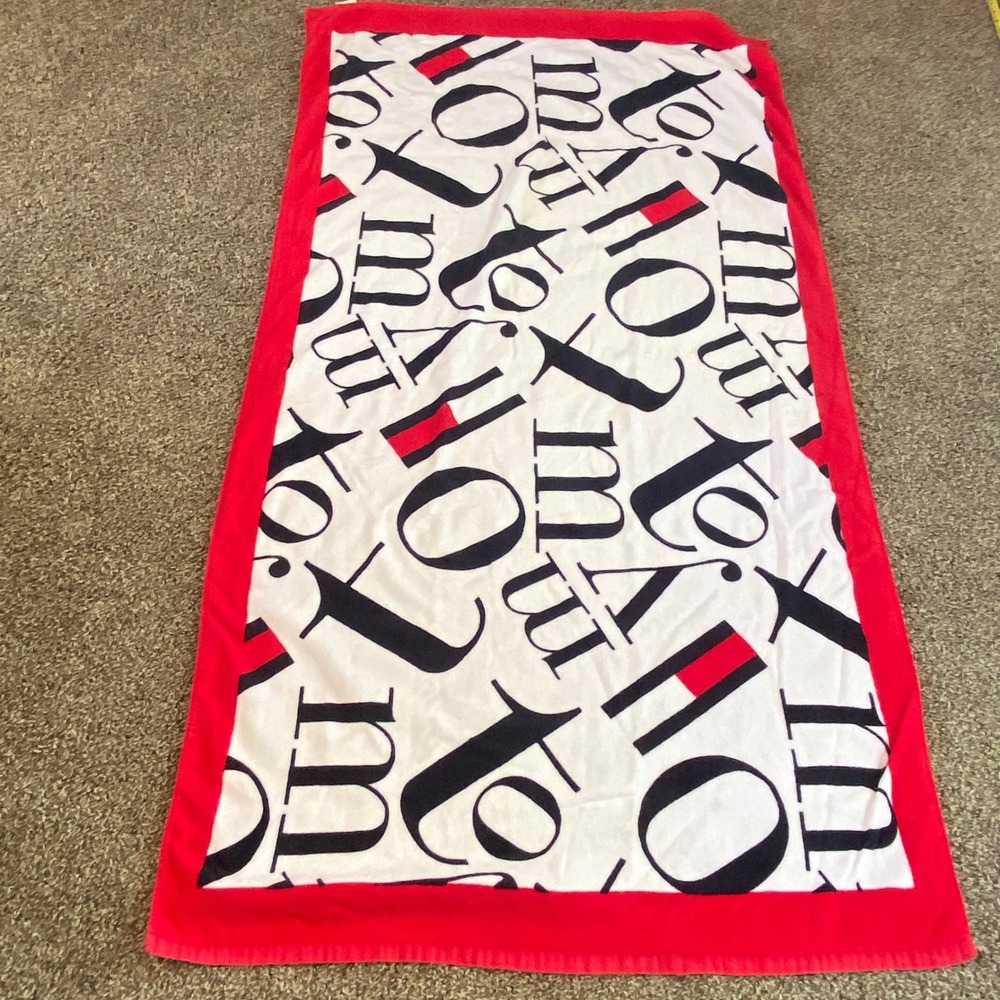 Y2K Tommy Hilfiger Beach Towel White Red Navy Blue Logo Print 100% Cotton